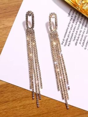 Gold Long Tassel Crystal Sparkly Drop Earrings -Women Waterfall Diamante Jewelry